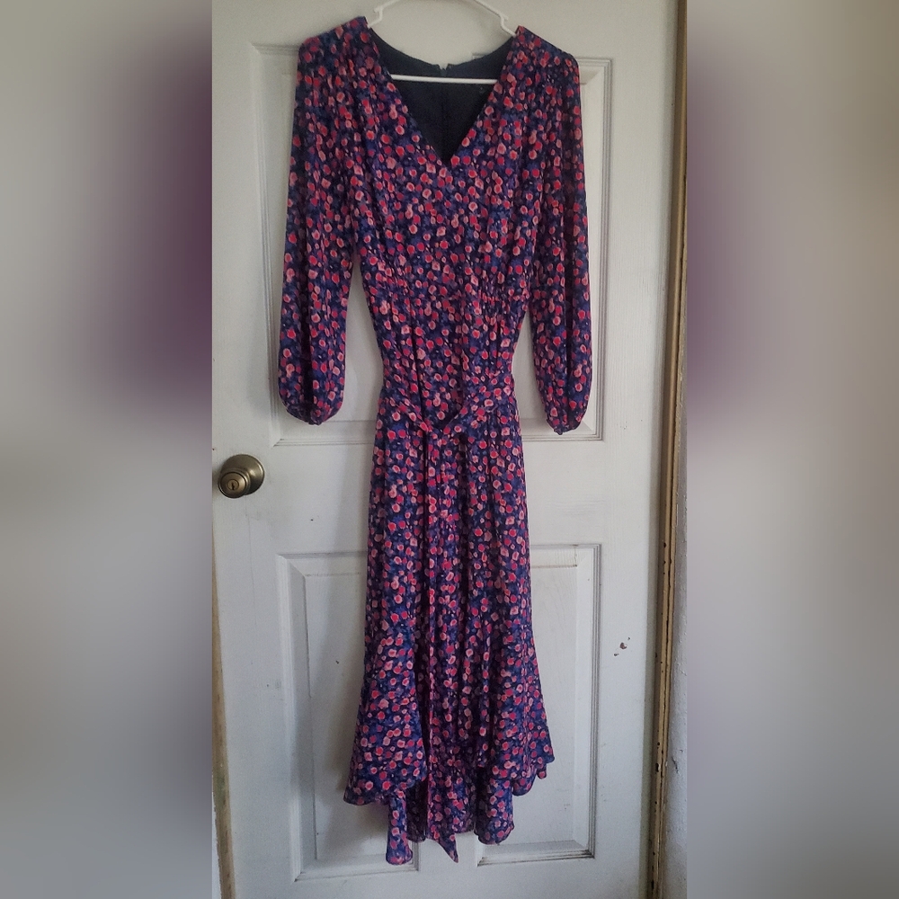 J. Crew Pink Floral V-Neck Long Sleeve Midi Dress on Navy, Size 6